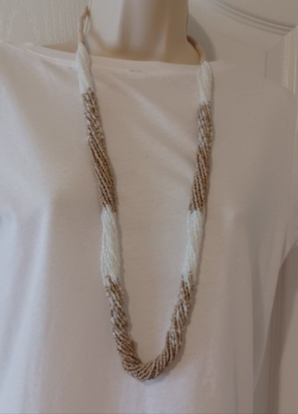 Two-Tone White and Tan Multi-Strand Seed Bead Necklace